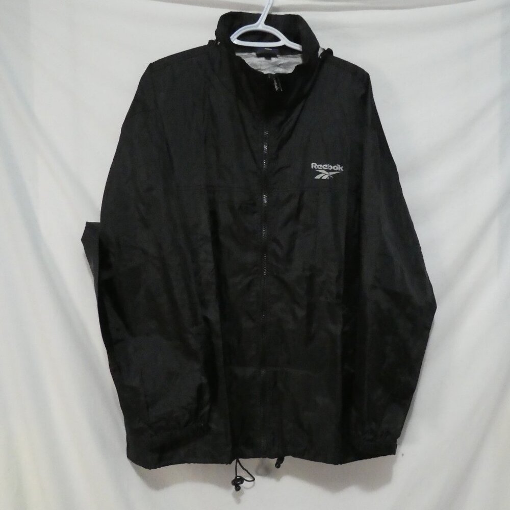 REEBOK | xl - extra large | Black Zip-Up Nylon Windbreaker | Removeable Hood